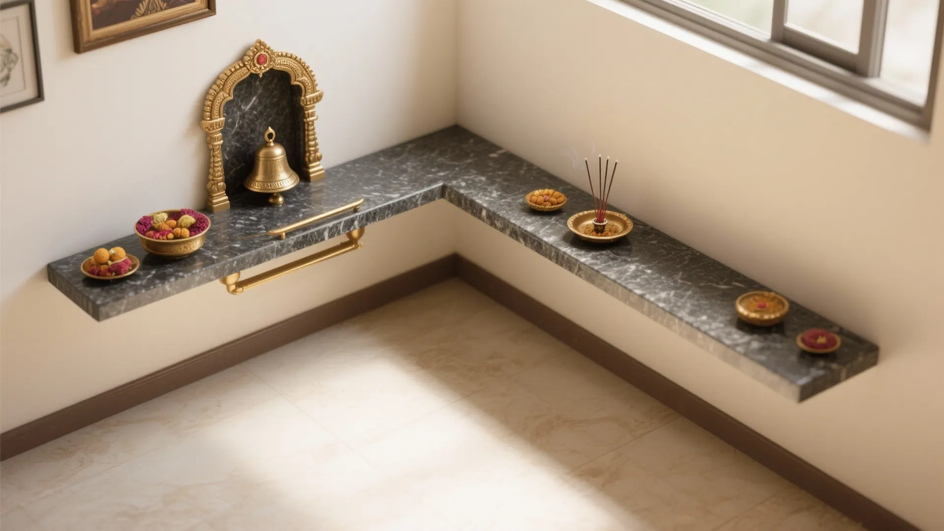 Corner view of black marble floating shelf with bell incense and decorative gold bowls near window