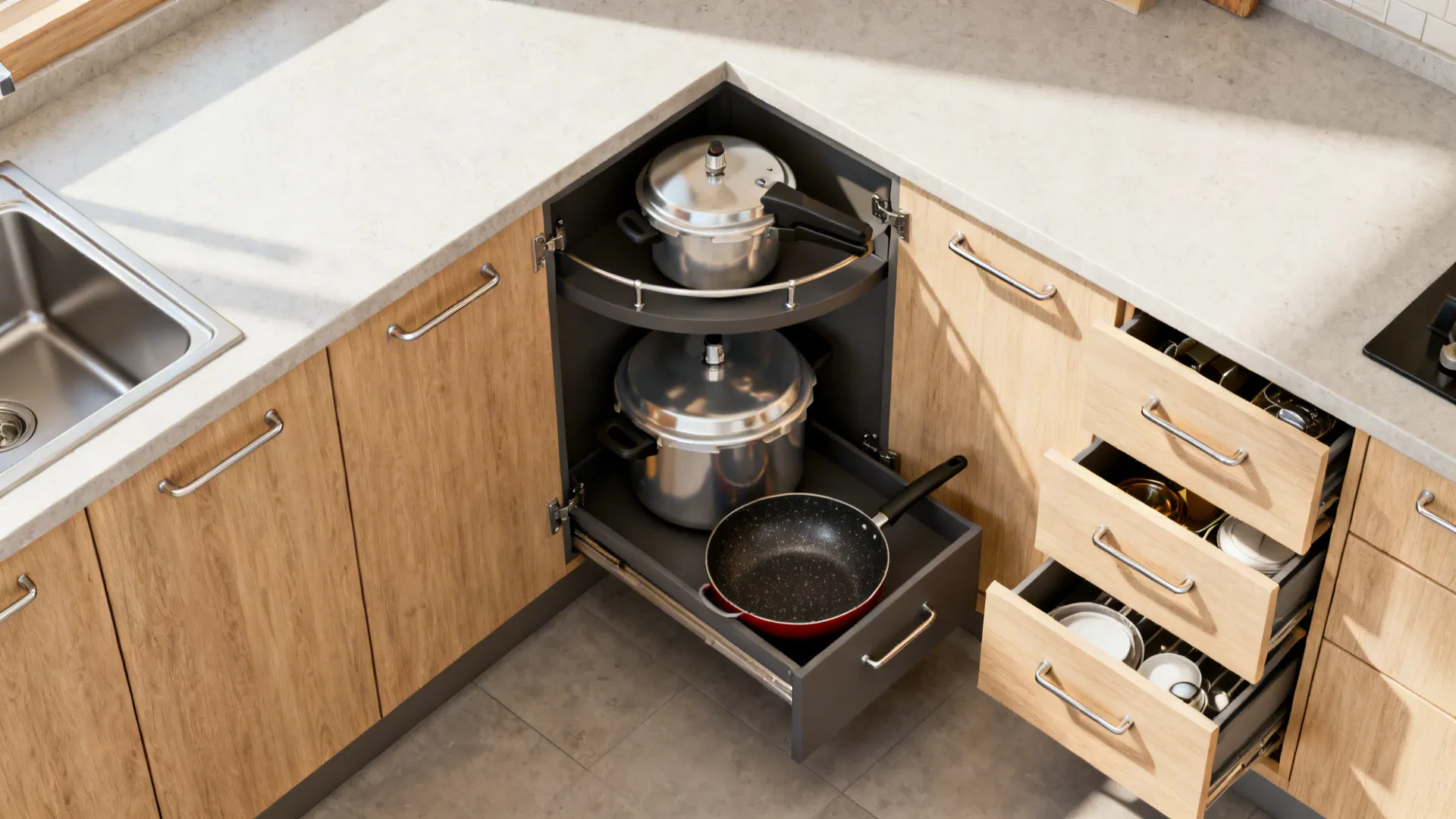 Top-down L-shaped base cabinets with a corner carousel optimizing storage in a small kitchen.