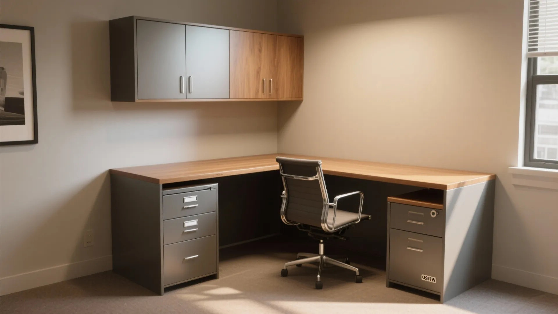 L-shaped desk layout using a corner lateral cabinet and a file cabinet, showing chair clearance and a tidy work triangle.