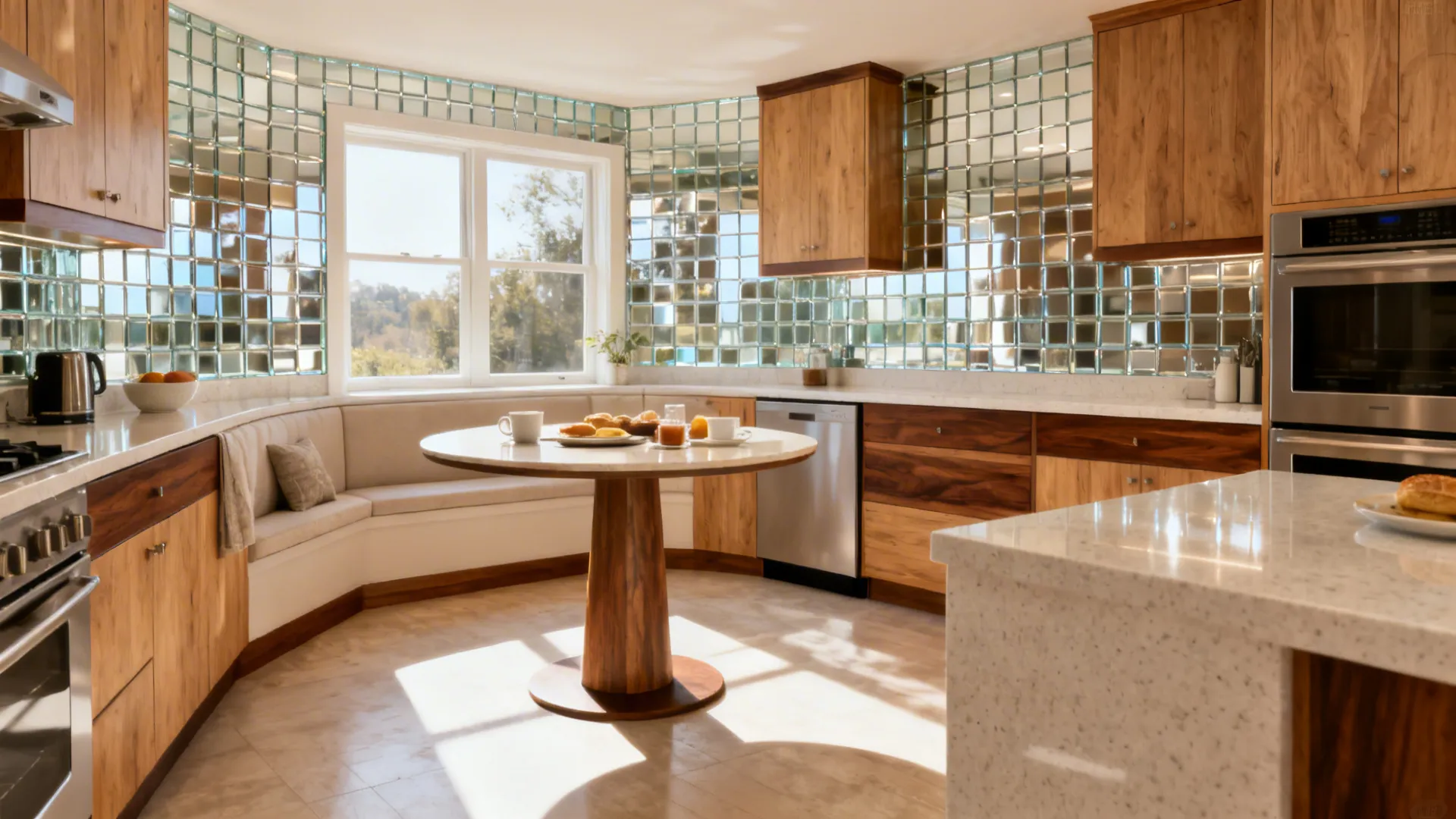 L-shaped kitchen with a round pedestal table in a windowed corner nook and pale quartz counters.