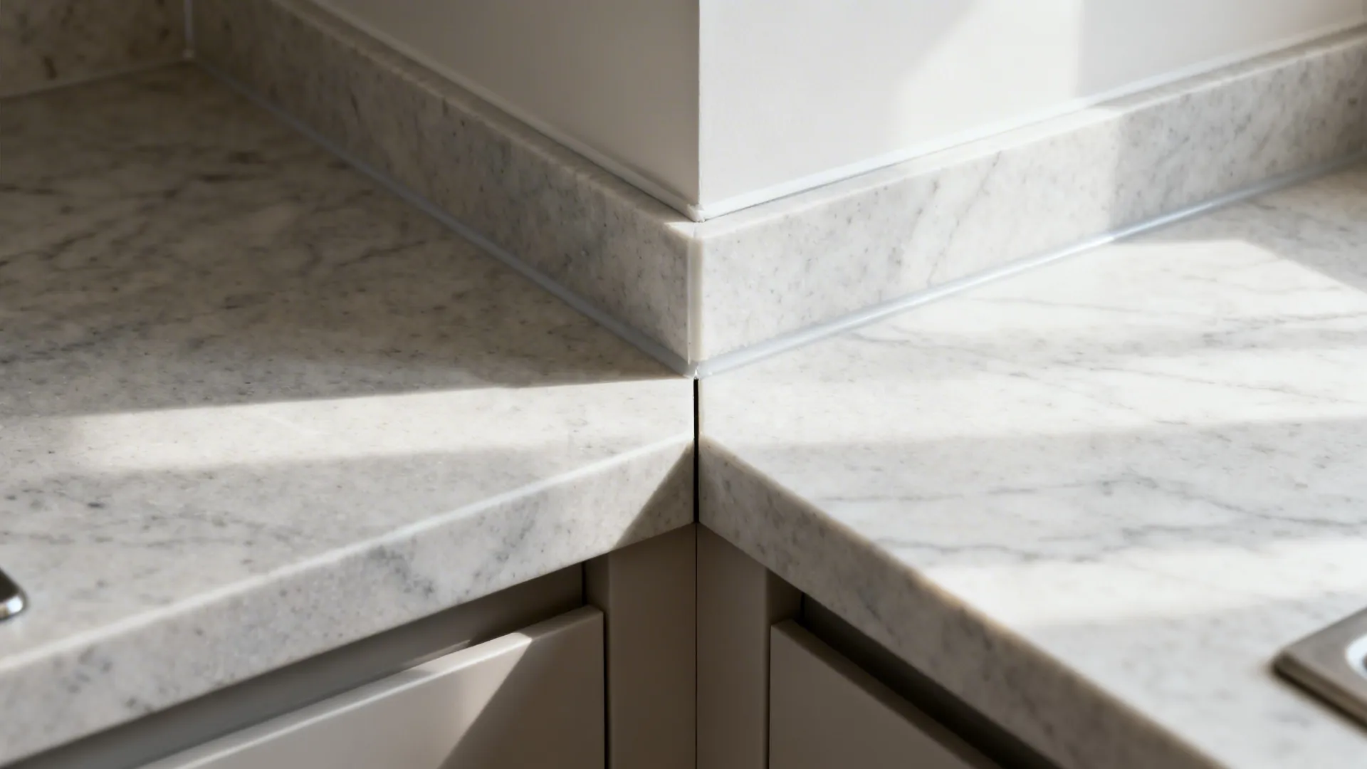 Macro of a tight inside corner seam on an L-shaped quartz countertop with subtle veining.