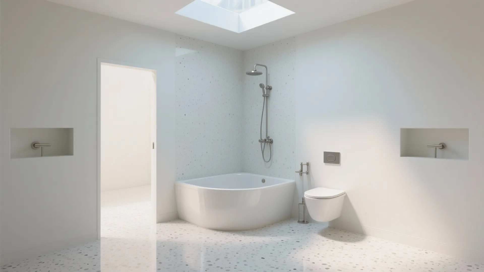 3) L-shaped layout with corner tub and skylight effect