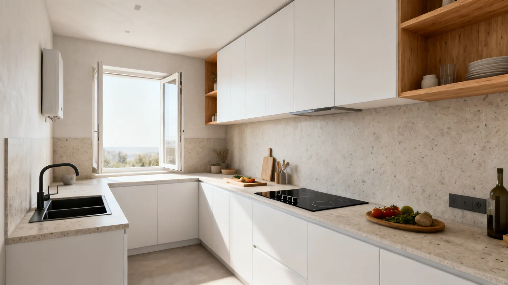 L-shaped studio kitchen with a long prep run, sink on the short leg, and open uppers on one wall.