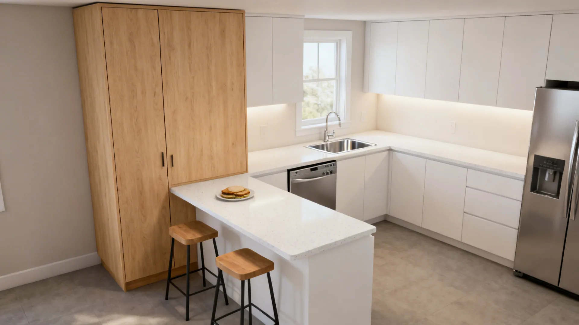 Compact L-shaped kitchen with extended counter creating a small breakfast perch.