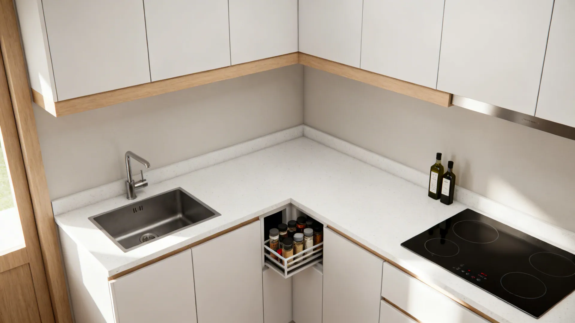 Compact L-shaped kitchen with a clear prep zone between sink and cooktop.