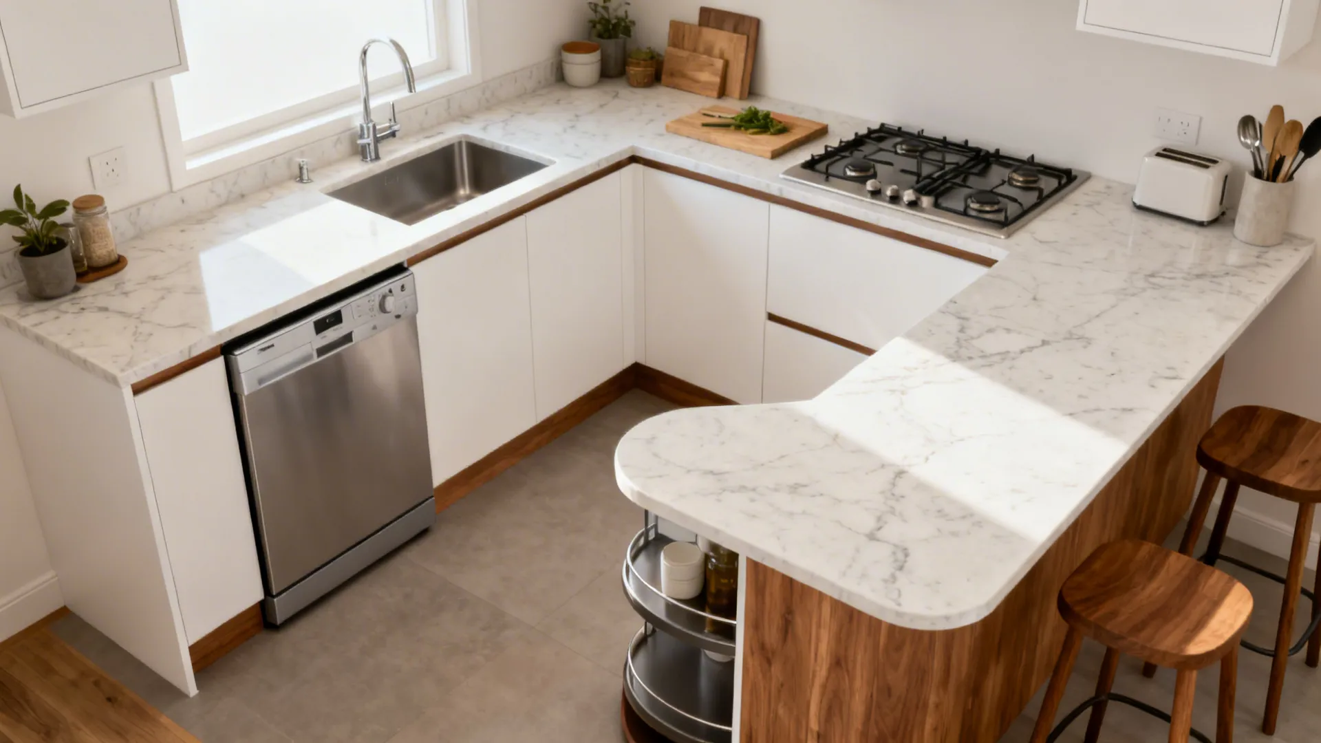 Compact L-shaped small kitchen with extended counter, two-seat perch, and clear traffic flow.