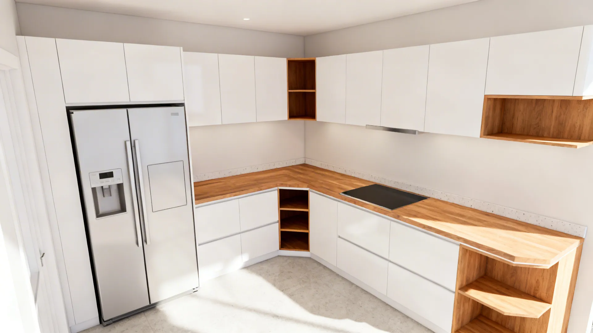 Modern L shaped kitchen featuring white cabinets with wood countertops and a large silver fridge