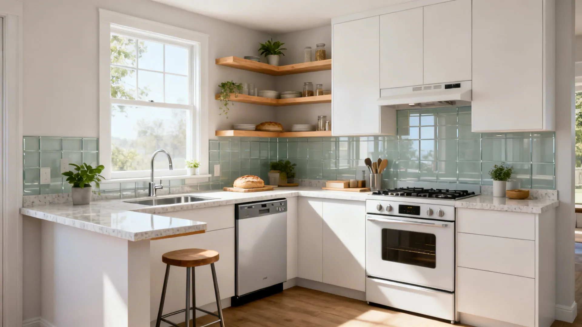 L-shaped small kitchen with sink on short leg by a window and a long continuous counter beside the cooktop.