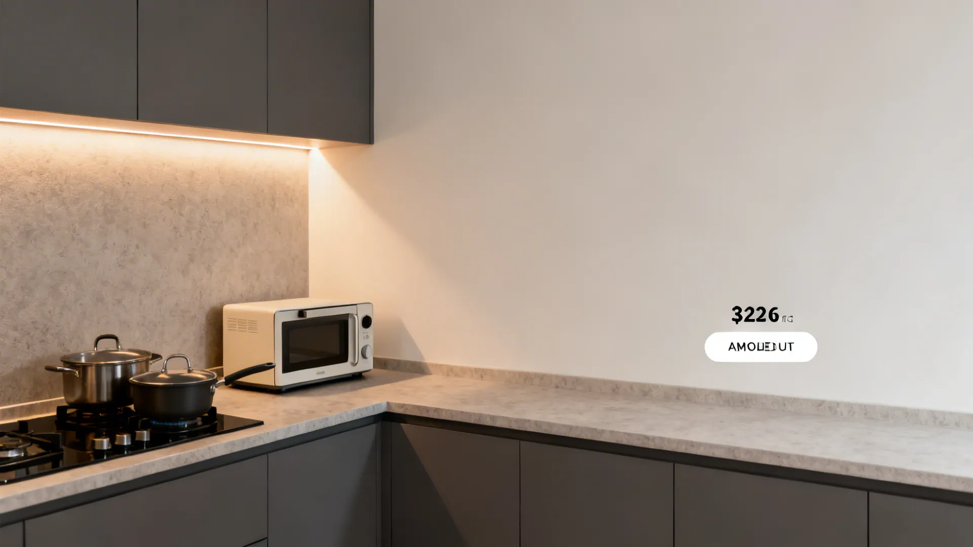 L-shaped small kitchen with product cluster left and clean copy space right, softly lit corner.