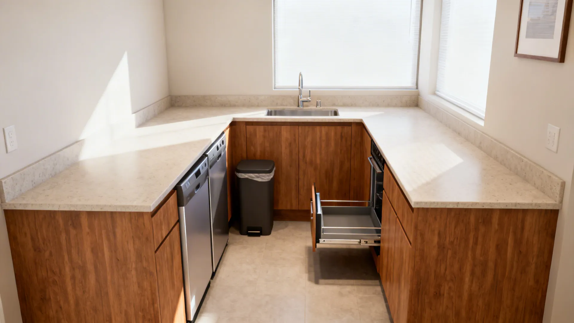 Efficient L-shaped kitchen with continuous counter run and optimized zones in a compact room.