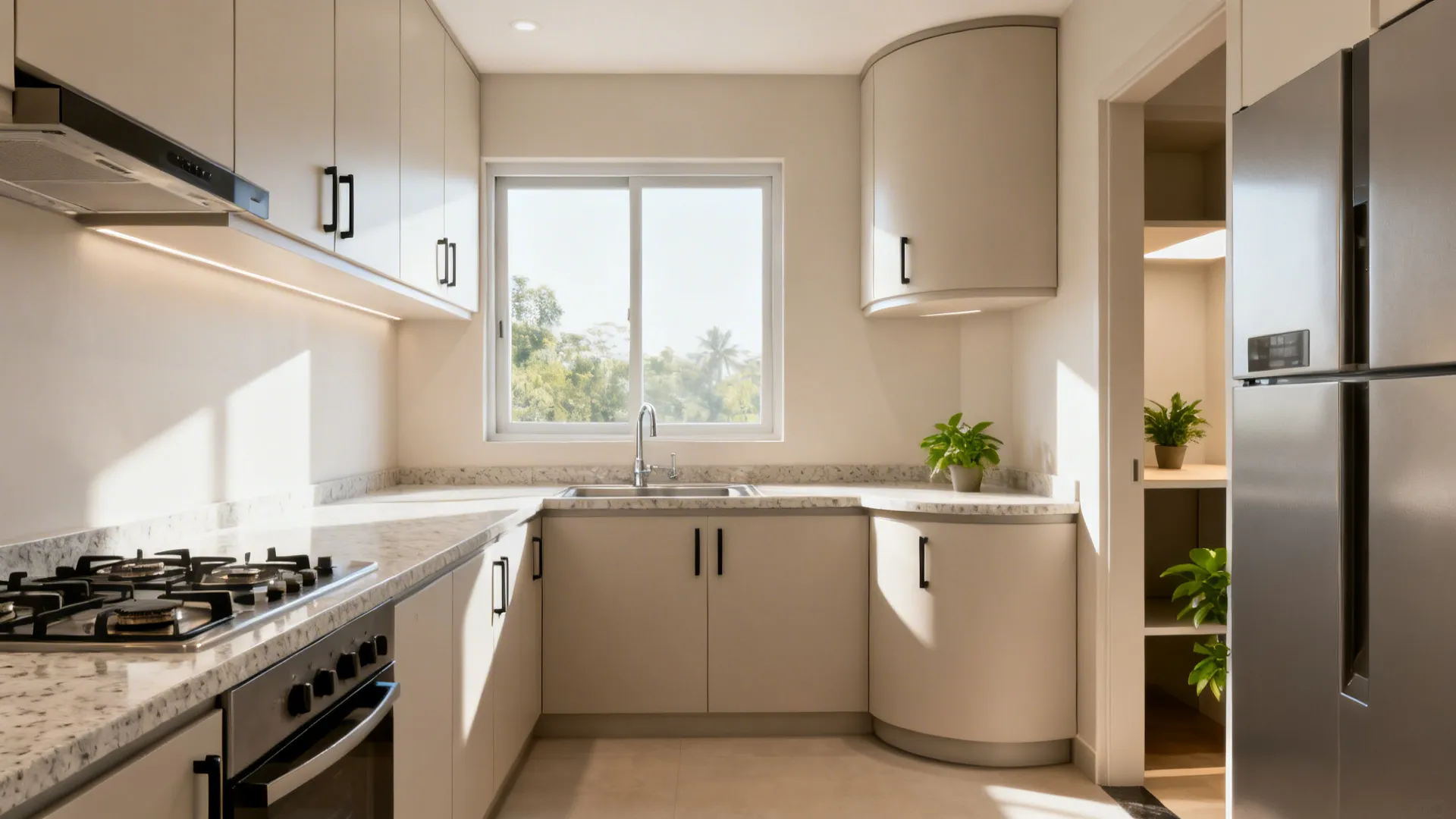 L-shaped compact kitchen with sink and hob on adjacent walls for more uninterrupted counter space.