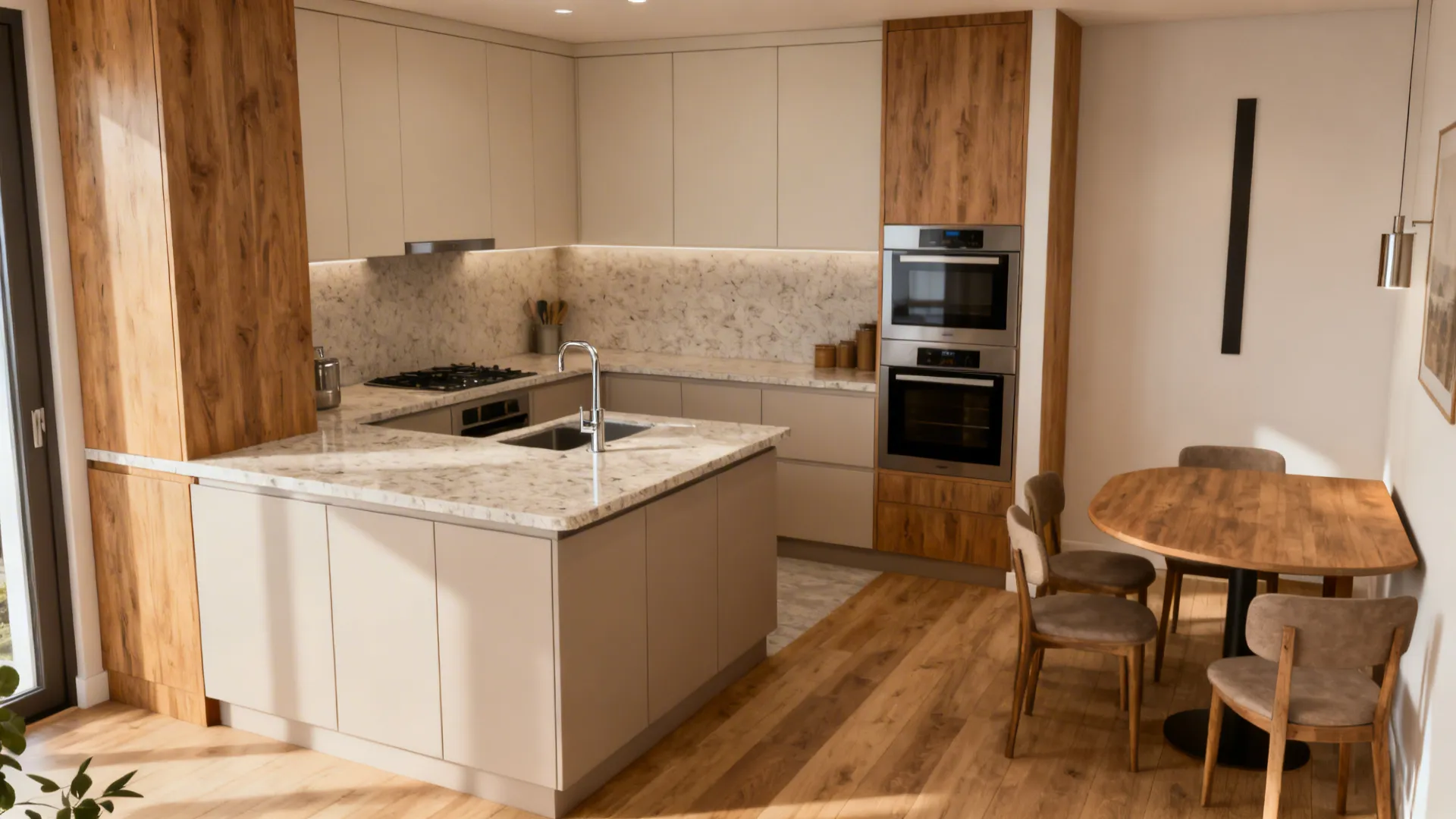 L-shaped small kitchen with expanded corner counters and a compact dining table along a free wall.