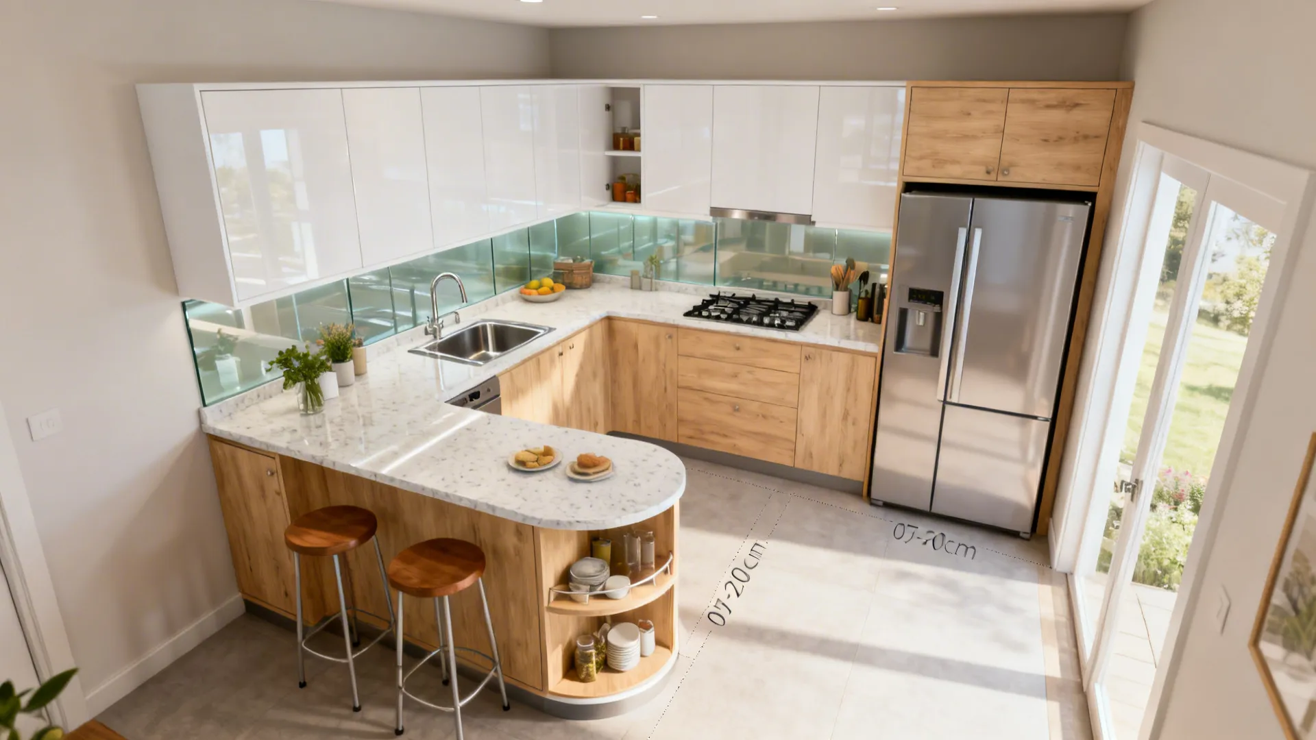 Modern kitchen with white top cabinets wood lower cabinets marble countertop stools and a fridge