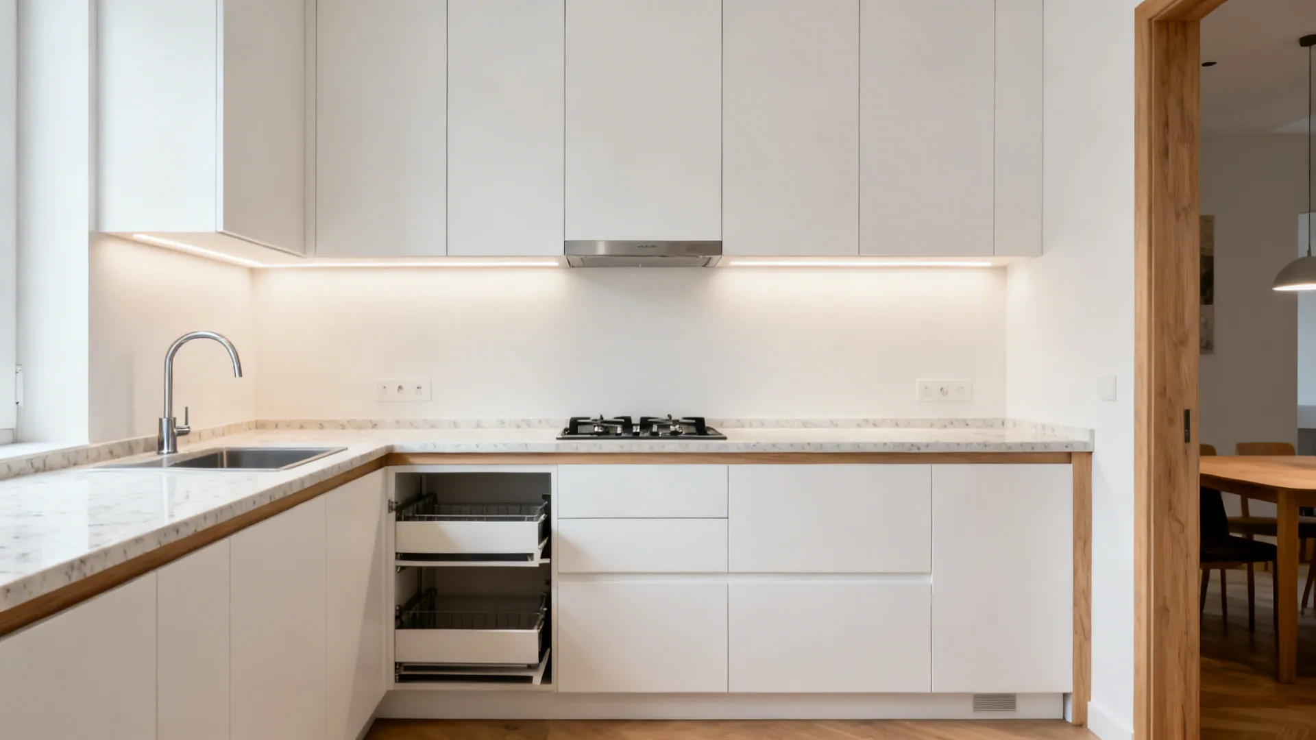 L-shaped small kitchen with a continuous prep run between sink and cooktop.