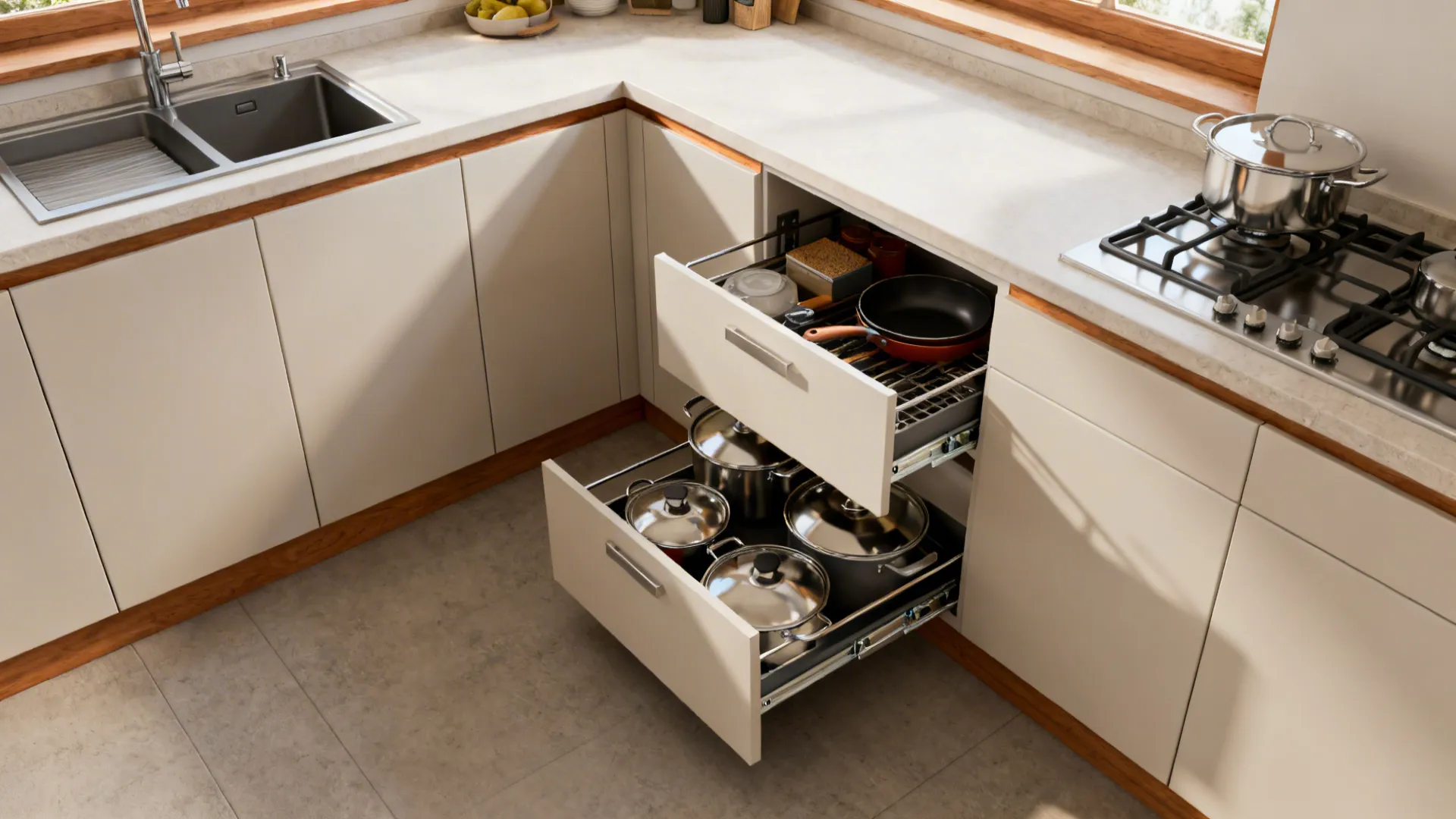 Compact L-shaped kitchen with deep drawers and a LeMans corner solution under a continuous countertop.