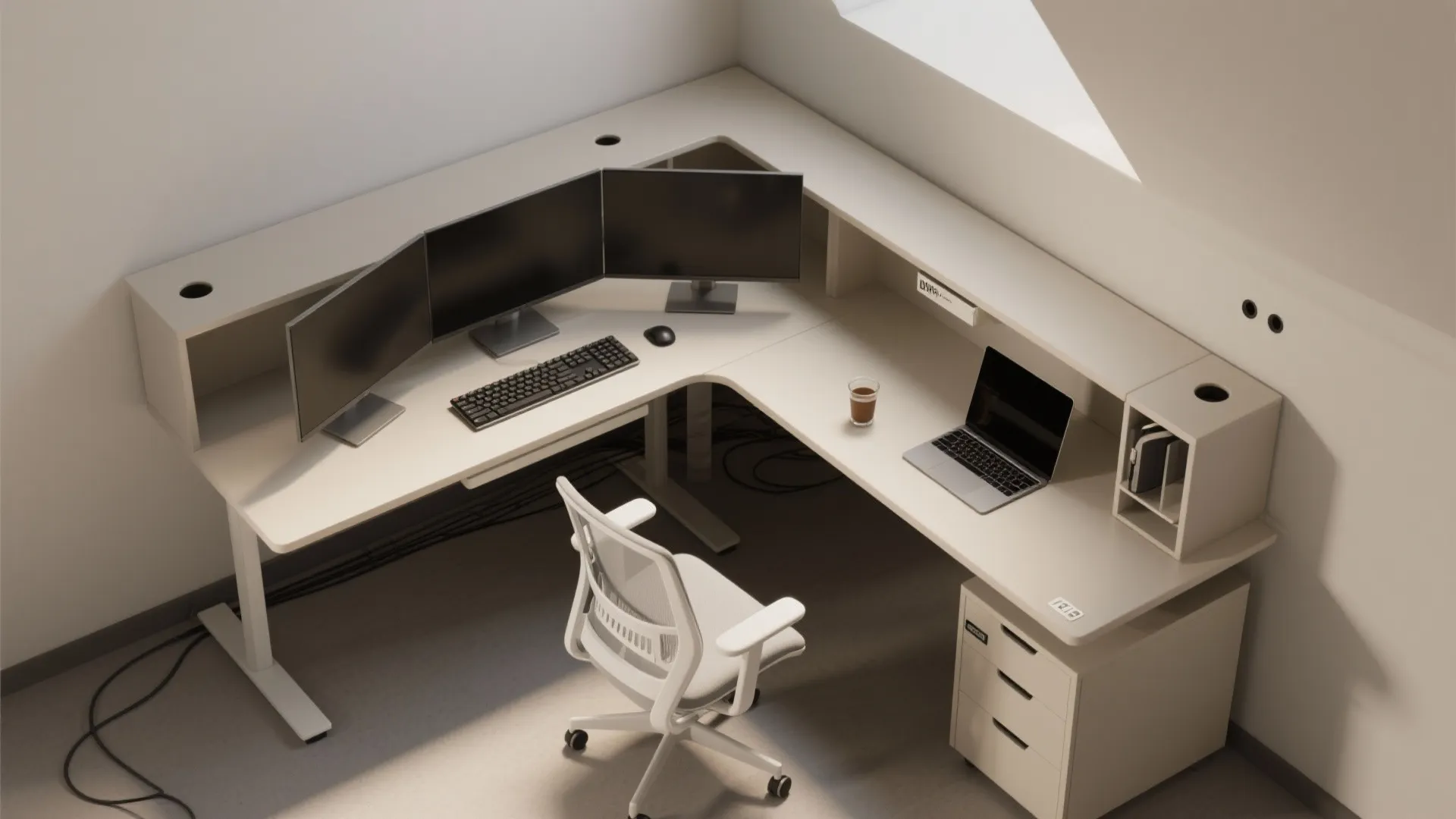 Compact L-shaped workstation and circulation