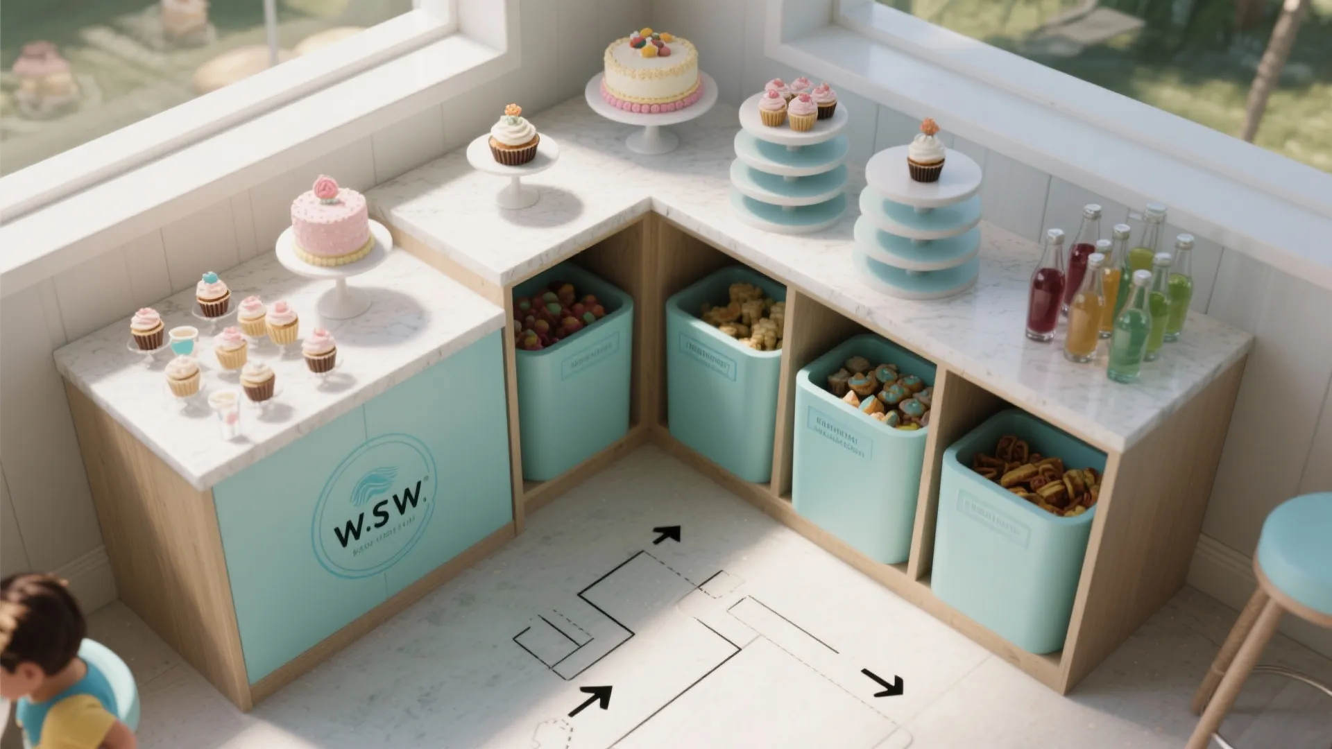 Top-down view of a compact L-shaped dessert bar layout showing cupcakes, drinks, risers, and a clear pathway in a corner.