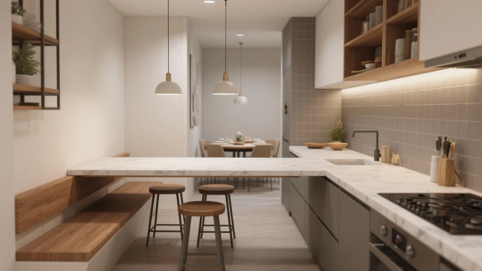 1. L-shaped open plan with a dining bridge