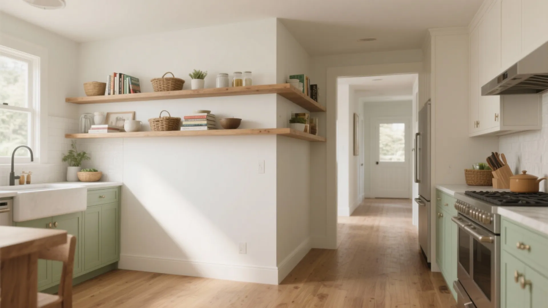 L-shaped kitchen divider wall with shallow hall-side shelves and a clear 36-inch entry walkway.
