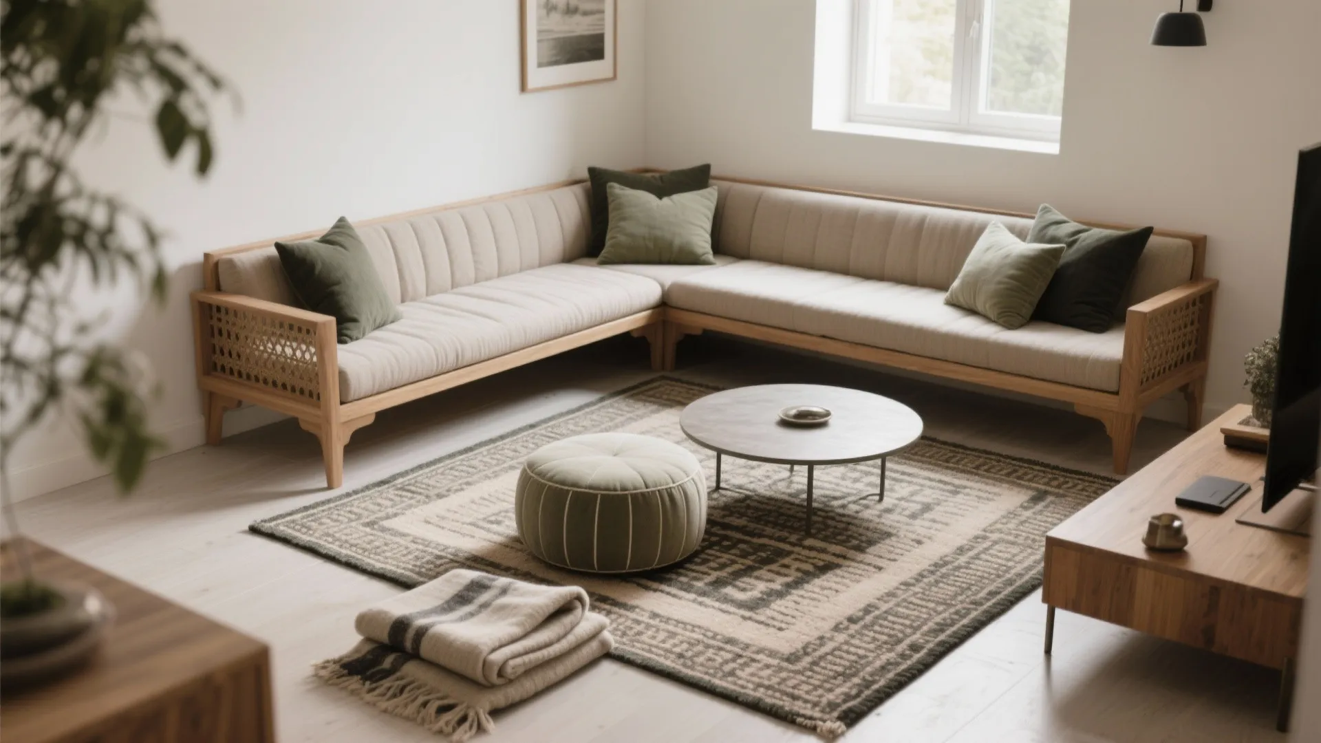 3) Corner L-Shaped Diwan for Easy Hosting