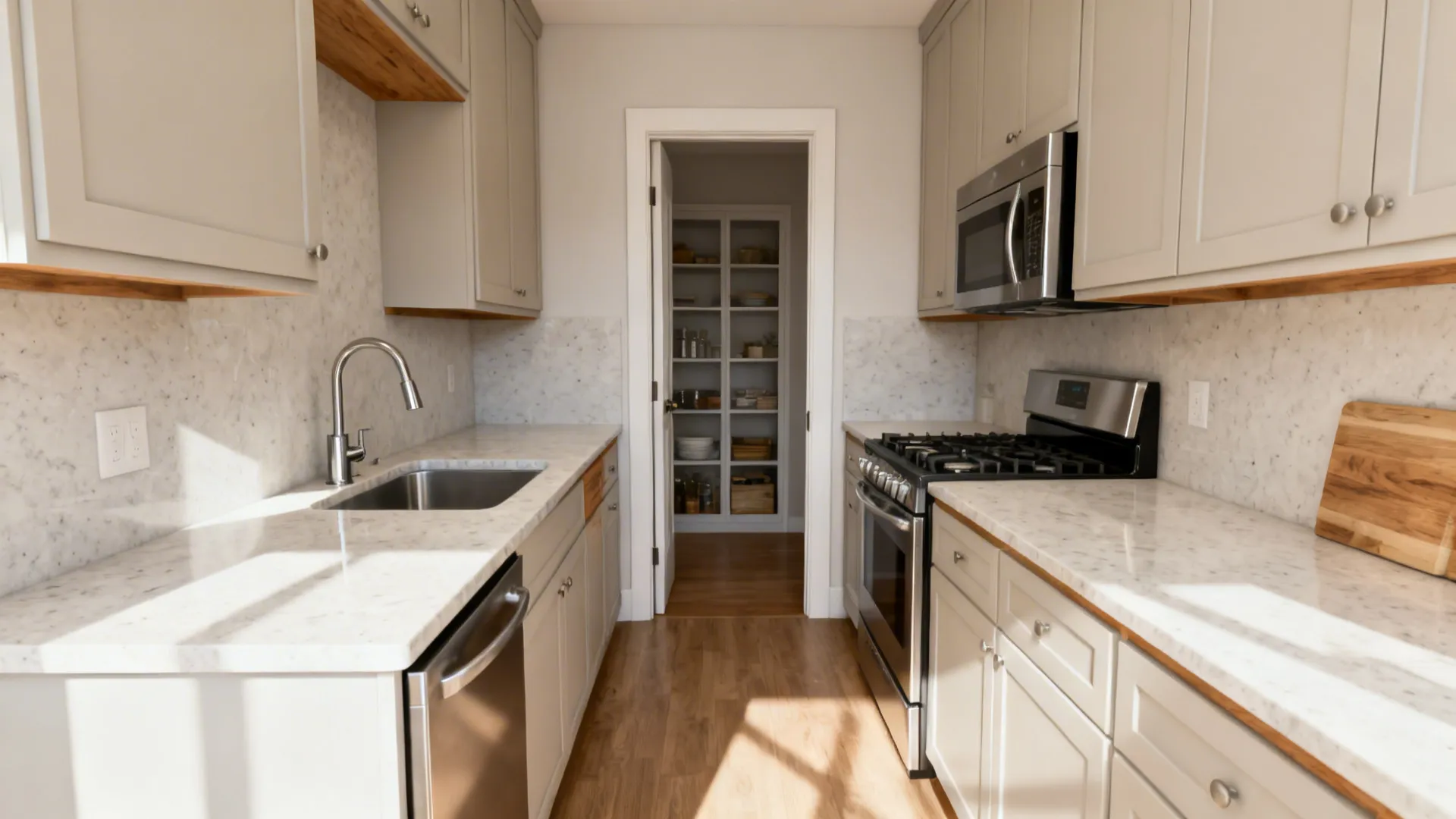 Compact L-shaped kitchen with corner sink and continuous prep run positioned away from the door.