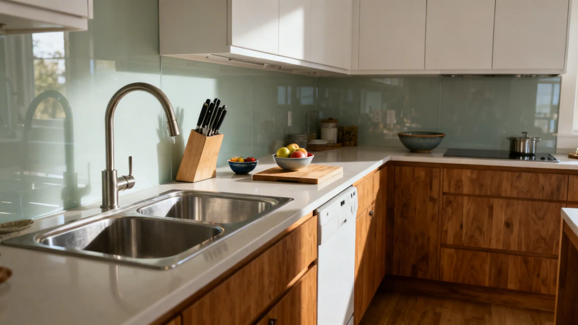L-shaped kitchen with a double sink on the short leg and clear prep space on the long run.