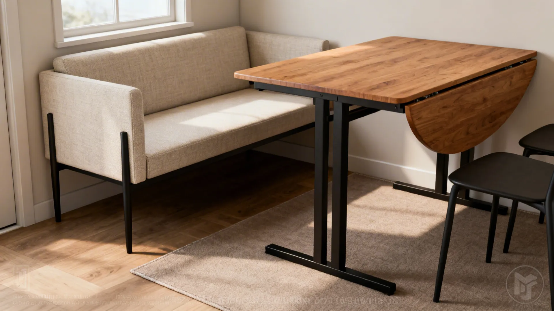 Compact L-shaped loveseat paired with a drop-leaf dining table creating a flexible dining nook.