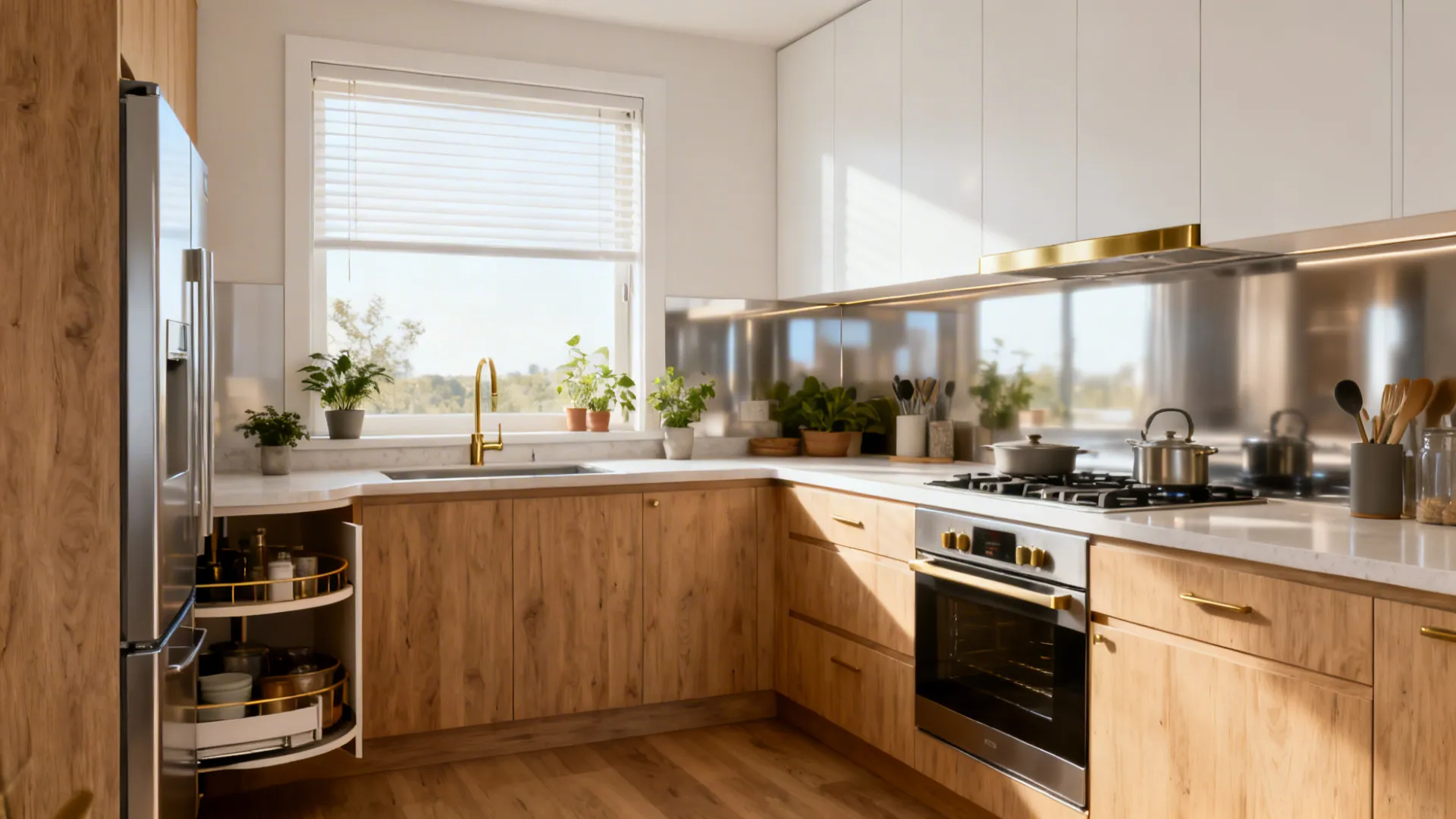 Wooden kitchen cabinets with white upper storage and large window letting in bright natural sunlight