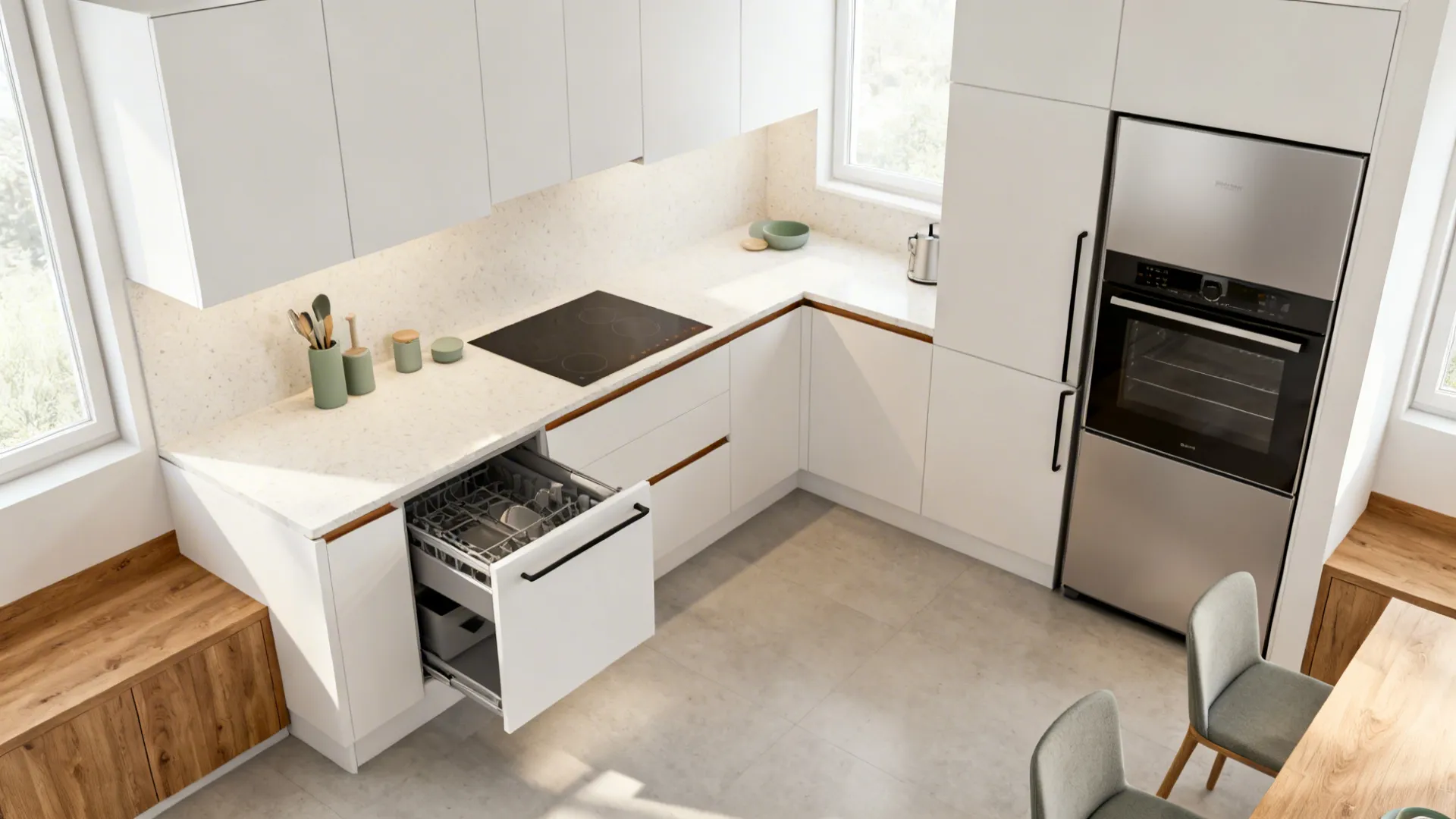 A compact L-shaped kitchen with ample counter space, clear appliance swing areas, and warm accents.