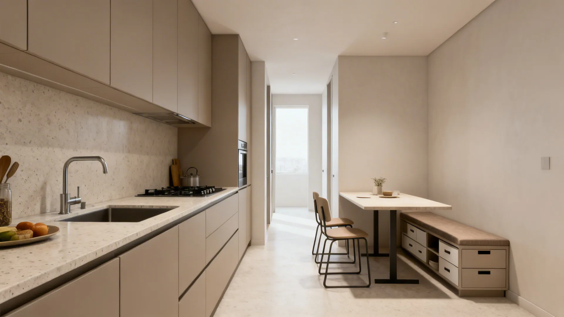 Compact L-shaped layout with flexible seating