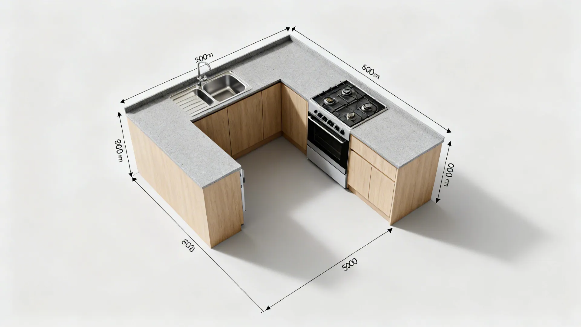 Top-down view of an L-shaped compact kitchen with separated stove and sink and clear circulation.