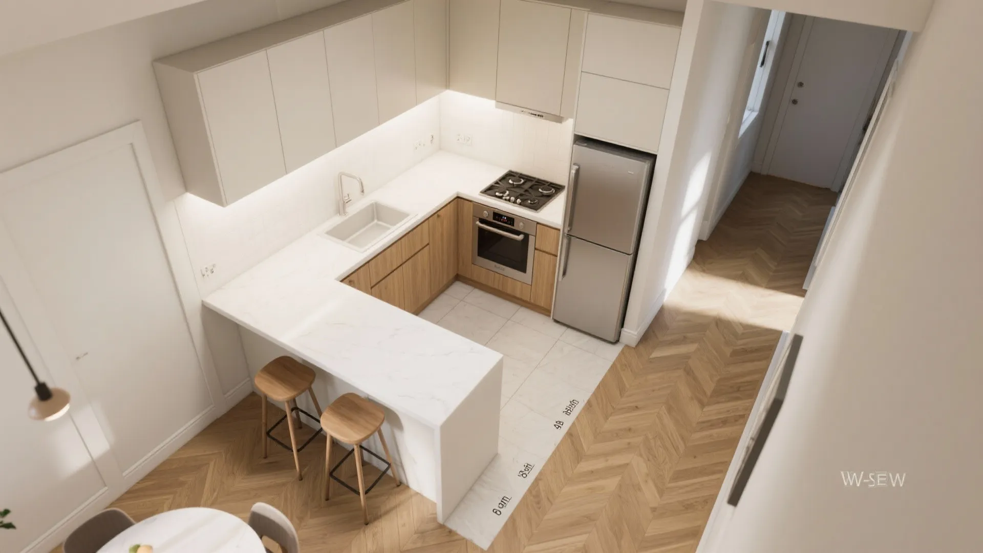 L-shaped small kitchen layout that respects flow