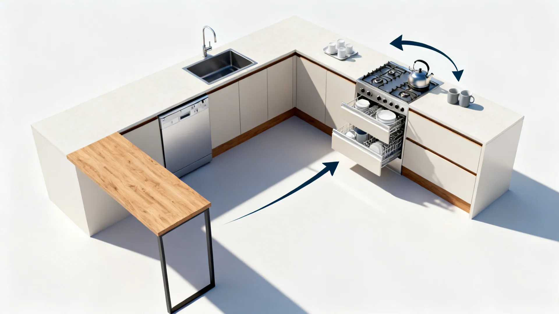 Top-down view of an L-shaped kitchen plan highlighting dish and prep workflows.
