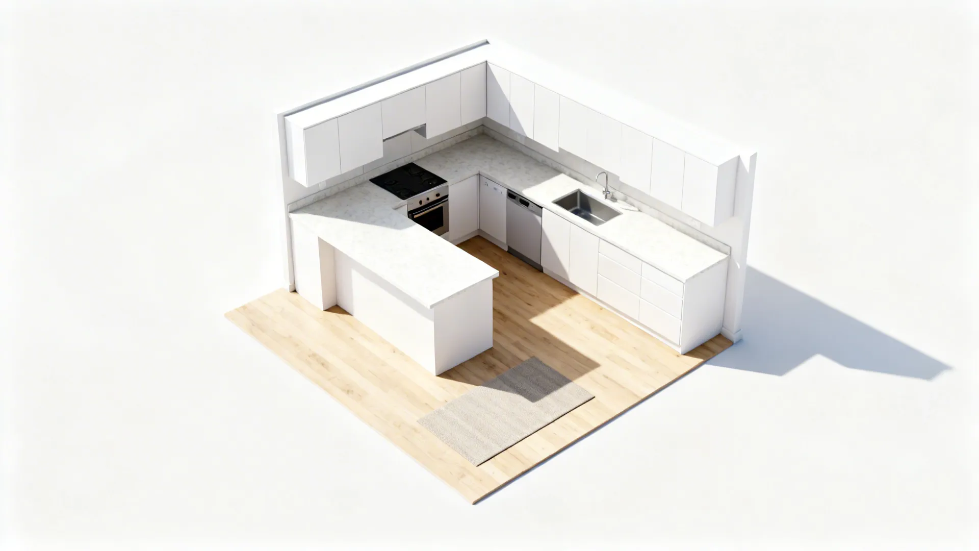 Top-down view of an L-shaped kitchen with a petite island and generous clearances for smooth circulation.
