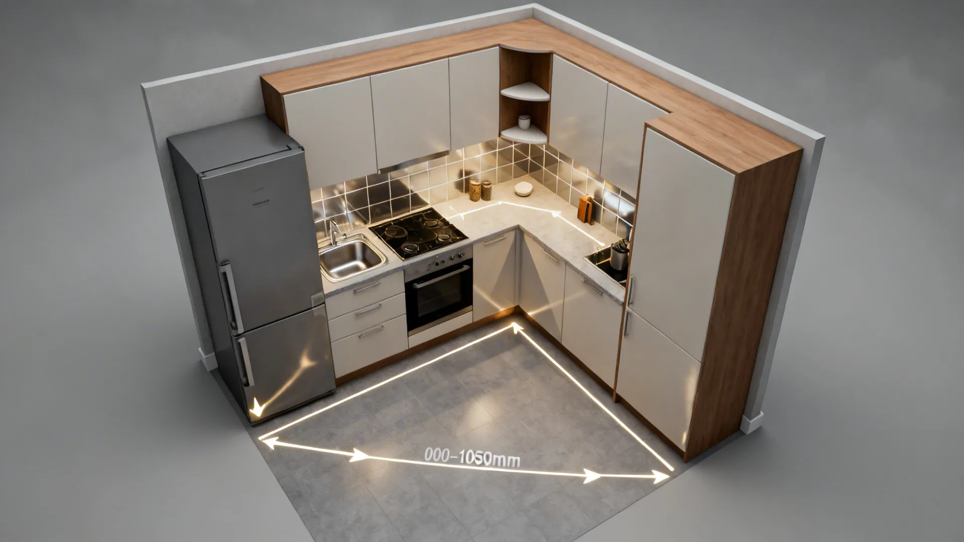 Top-down view of an L-shape compact kitchen with a clear work triangle, 900–1050mm aisle, and corner organizer.