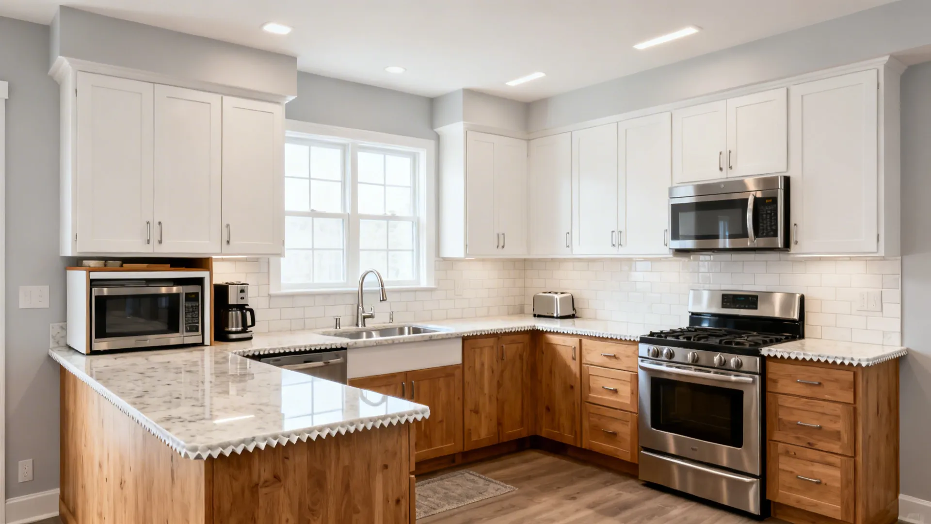 Modern L-shaped kitchen with white upper cabinets wood lower cabinets marble countertops and silver appliances