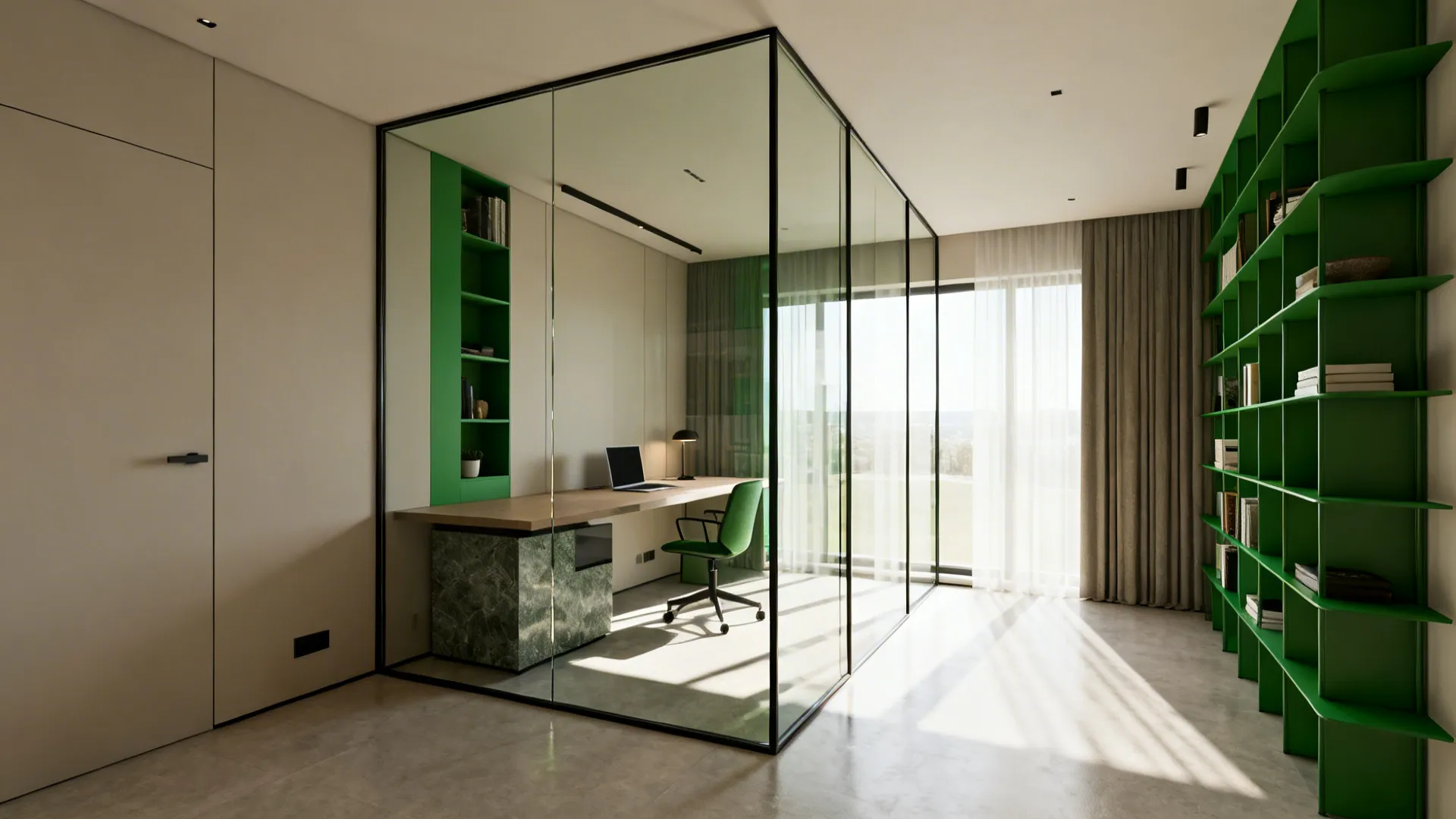 Compact L-shaped office layout with a slim glass divider that keeps the space open and light-filled.