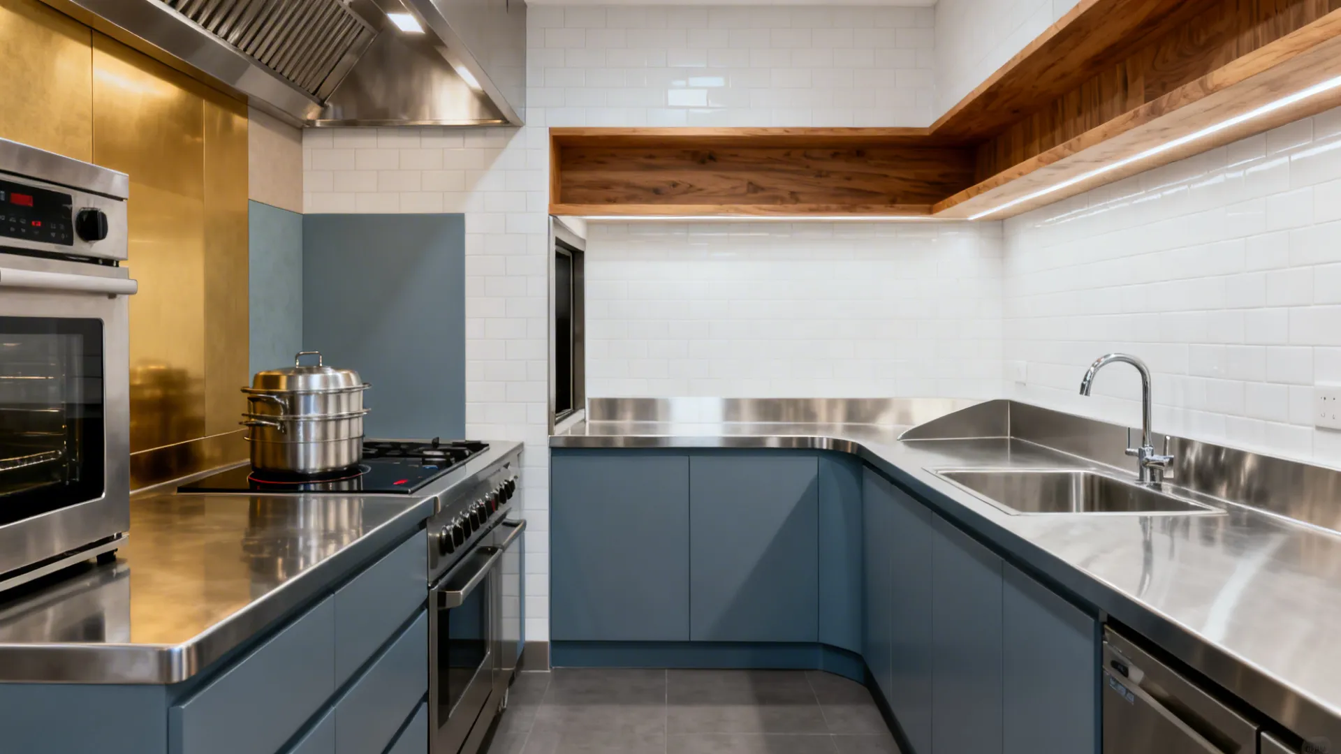 L-shaped kitchen with hot gear on one leg, cold prep on the other, and a pass at the elbow.