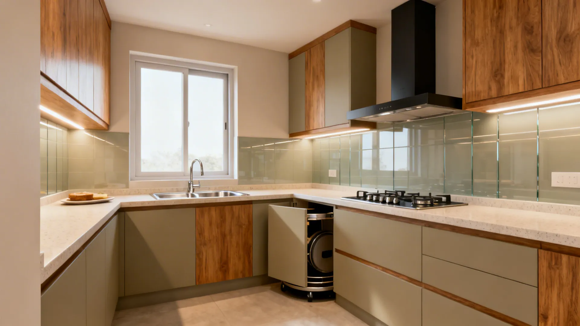 L-shaped Indian kitchen with window light, quartz counters, and a slim breakfast ledge.