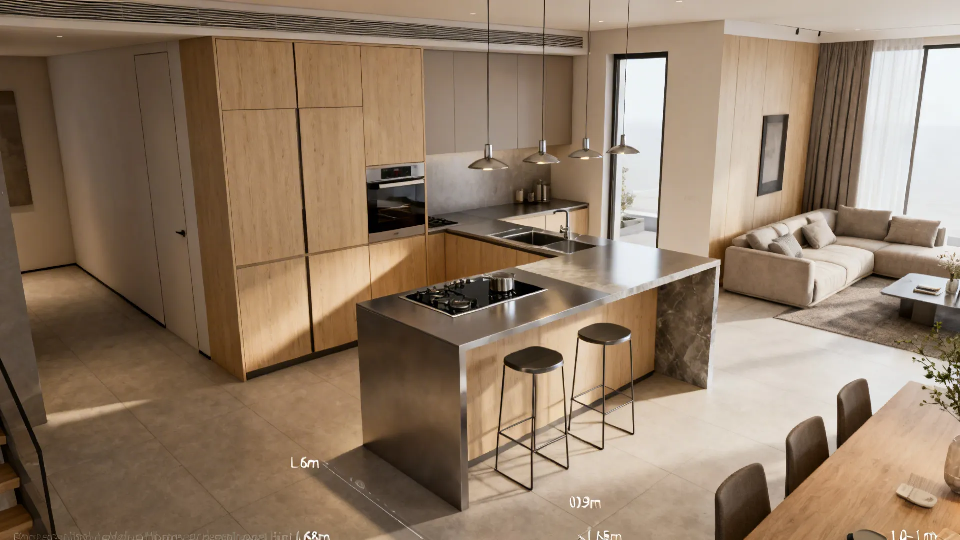 L-shaped kitchen with compact two-height island connecting cooking and lounge zones.