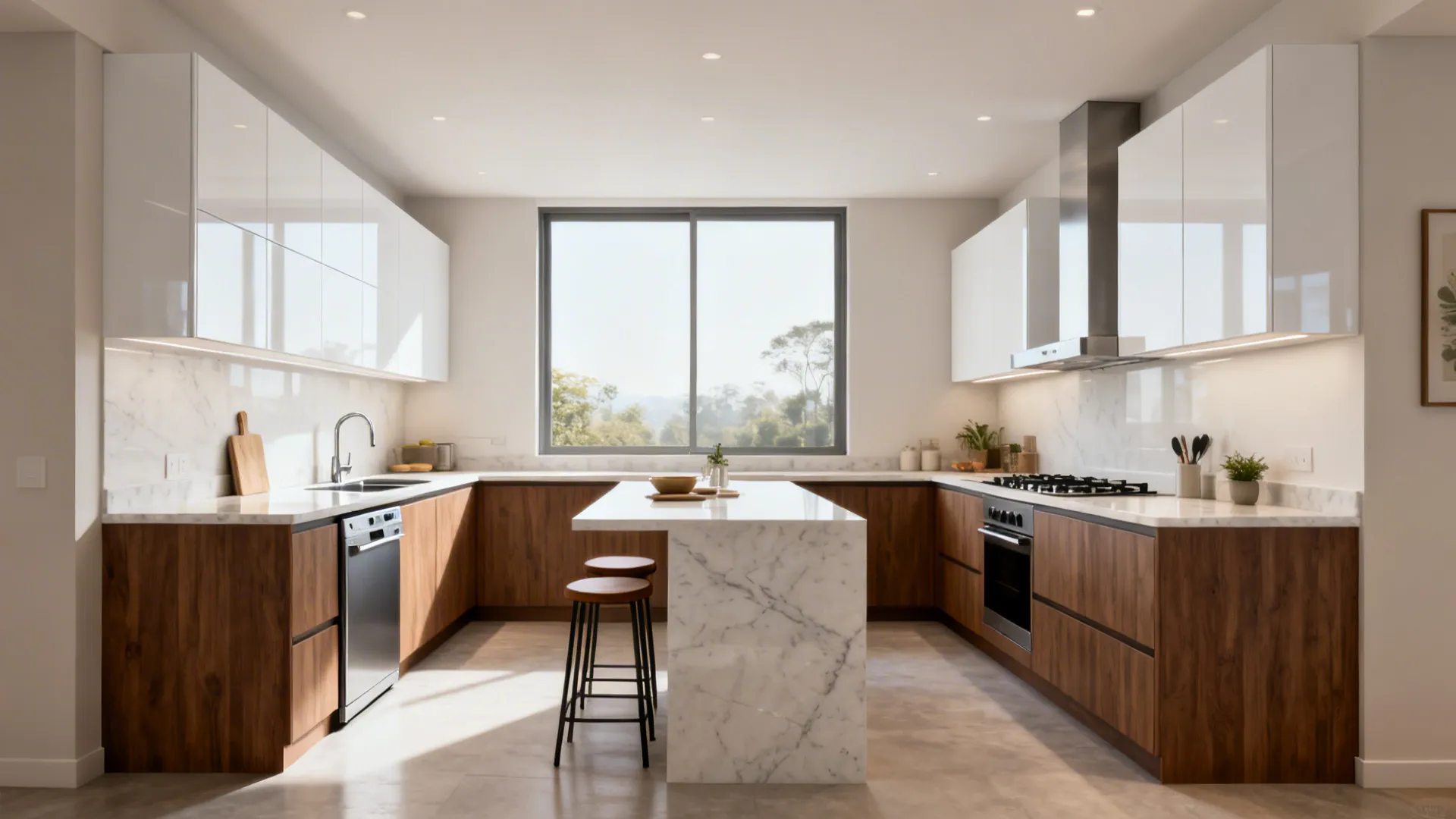Modern kitchen with wood cabinets white upper cabinets marble island stools and large window view