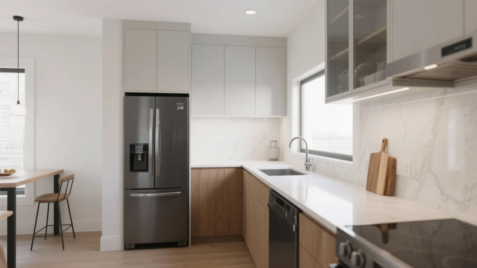 L-shaped small kitchen layout and corner-smart furniture