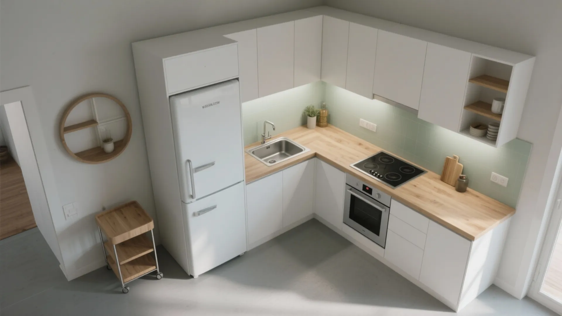 Modern white L-shaped kitchen with wooden countertop white fridge small sink stove and built-in oven
