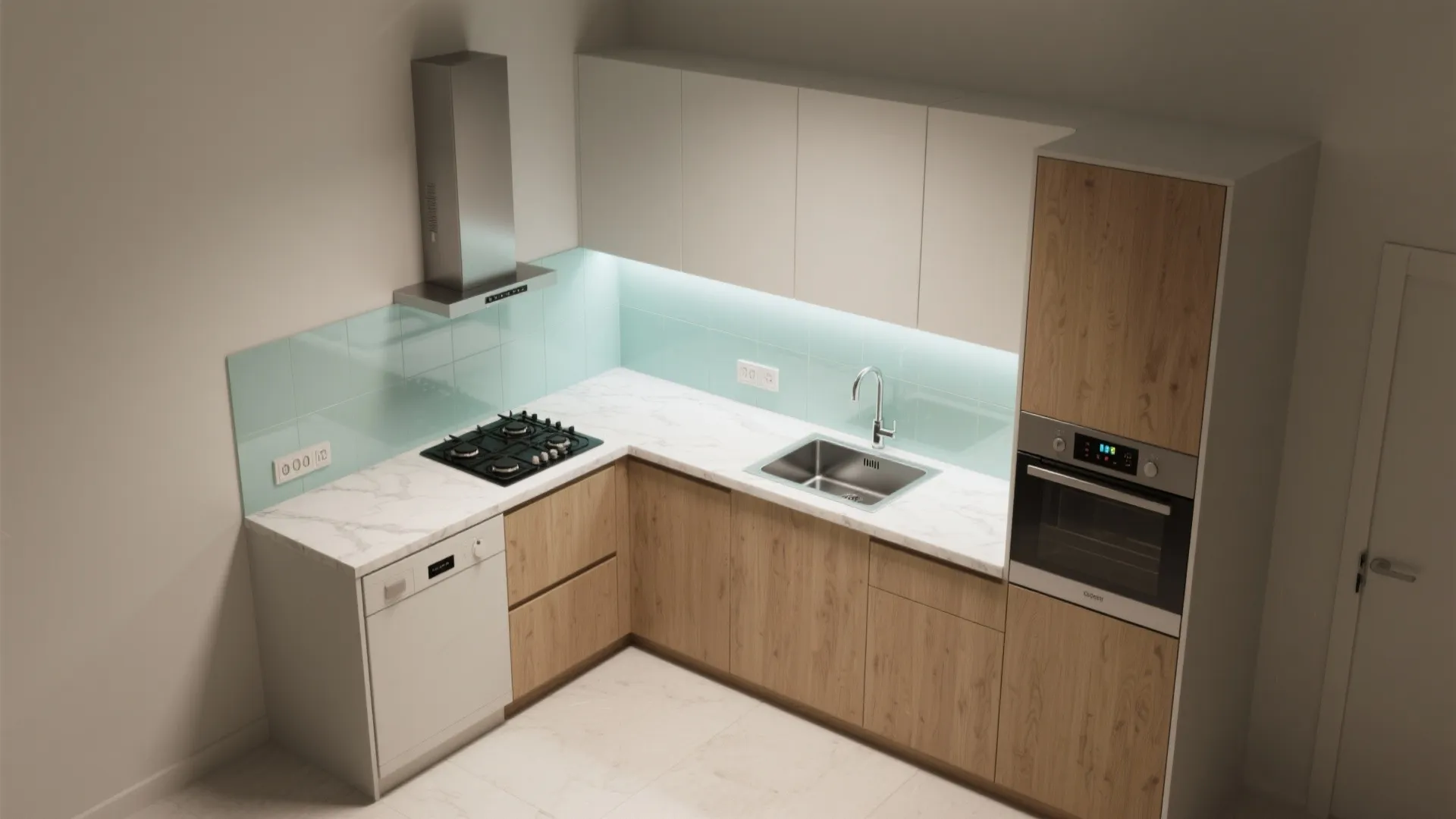 Modern L-shape kitchen with wooden lower cabinets, white upper cabinets, marble countertops, and blue backsplash