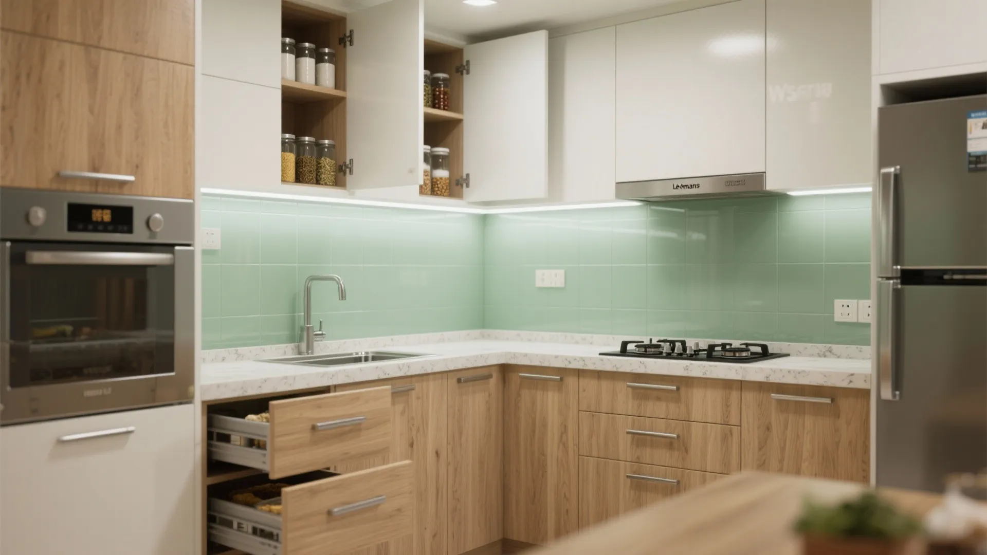 Modular L-shaped kitchen with vertical pull-outs