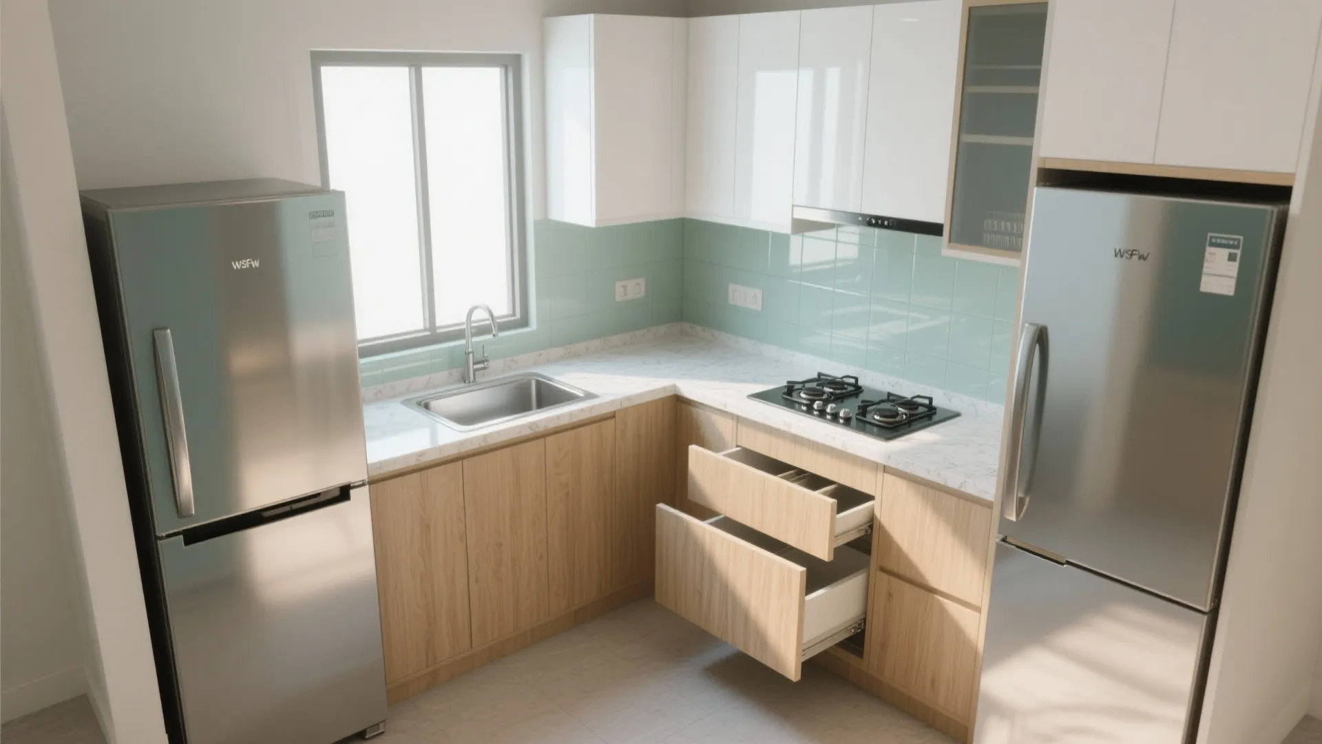 Modern L shaped kitchen with wooden cabinets white wall units marble countertop and two stainless refrigerators