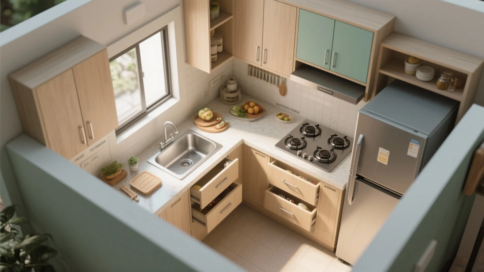 L-shaped layout for tiny kitchens