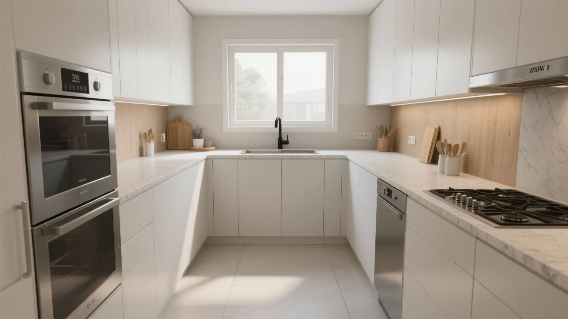 L-shaped kitchen layout to free counters and traffic