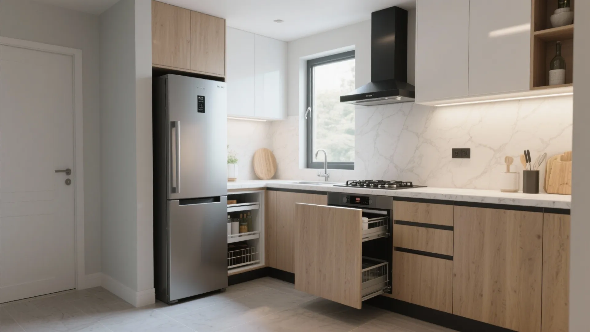 Modular kitchen that breathes: L-shape, tall pantry, and smart corners