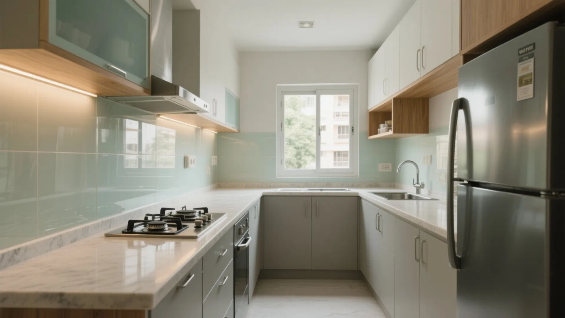 3) L-shaped compact kitchen with a clean work triangle